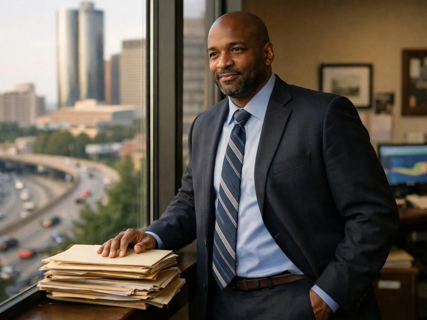 A man in a suit stands by a window with folders, overlooking a city highway and skyline
