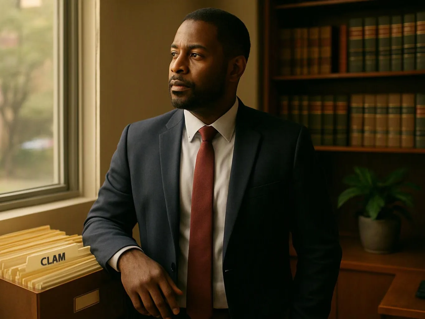 A man in a suit stands by a window in a , with files, books, and a potted plant behind him