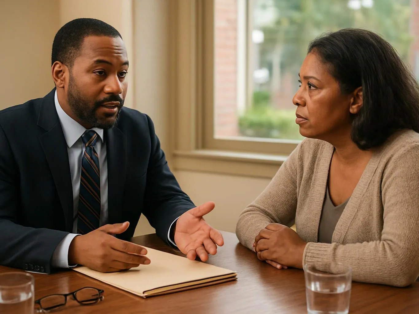 A man in a suit talks across a table with a woman in a beige sweater in a bright room