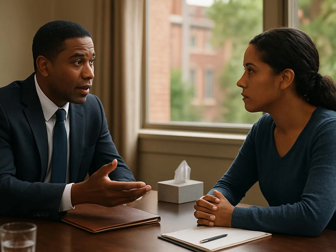A man in a suit talks across a table to a woman with a notebook in a quiet room