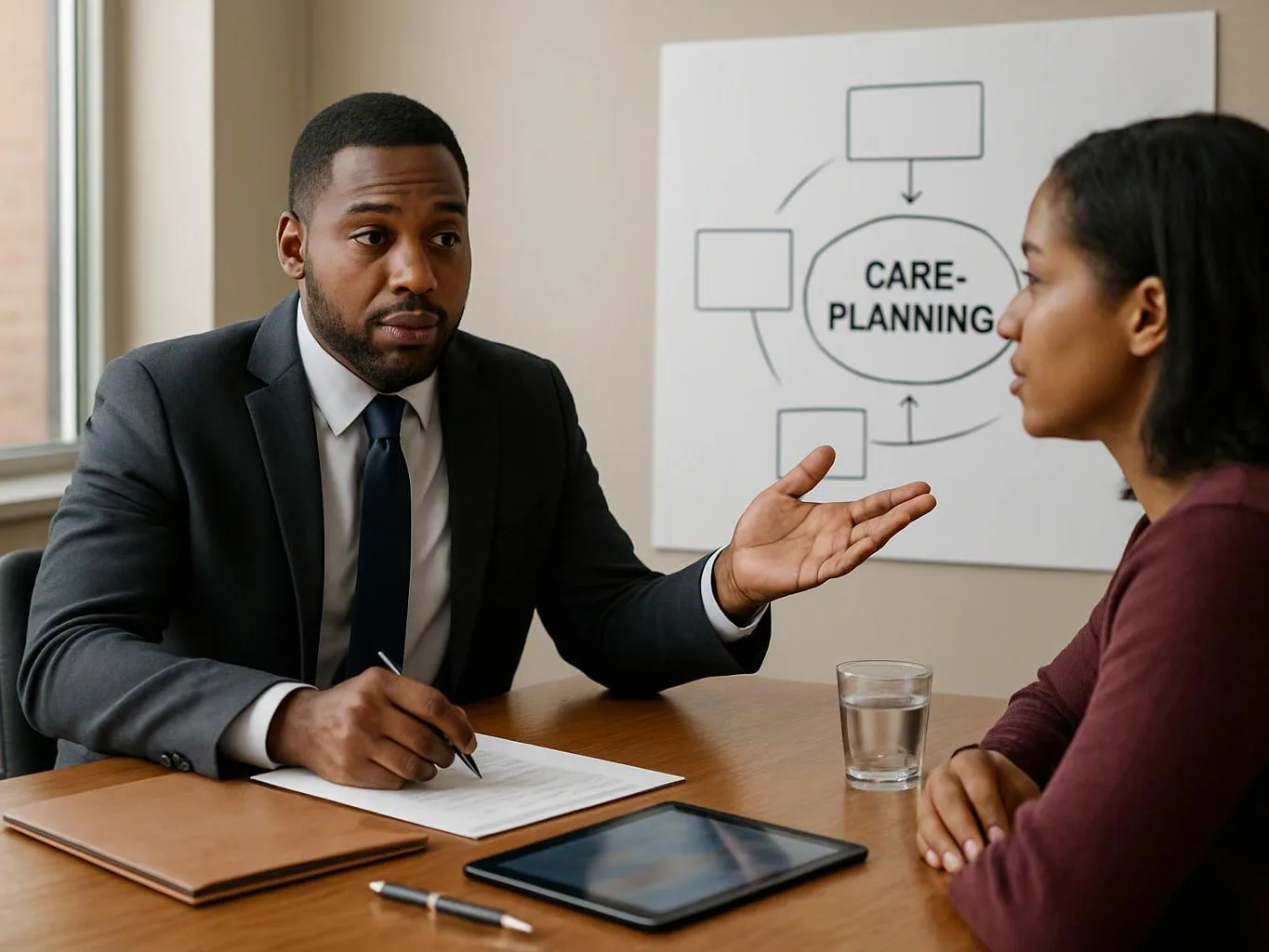 A man in a suit talks to a woman across a desk, with a care-planning chart behind them