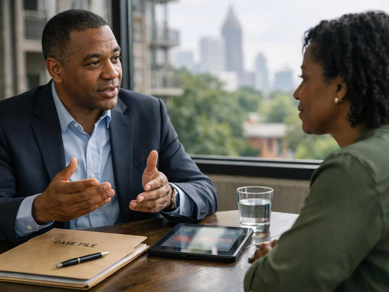 A man in a suit talks with a woman across a table, with files, a tablet, and a glass of water nearby