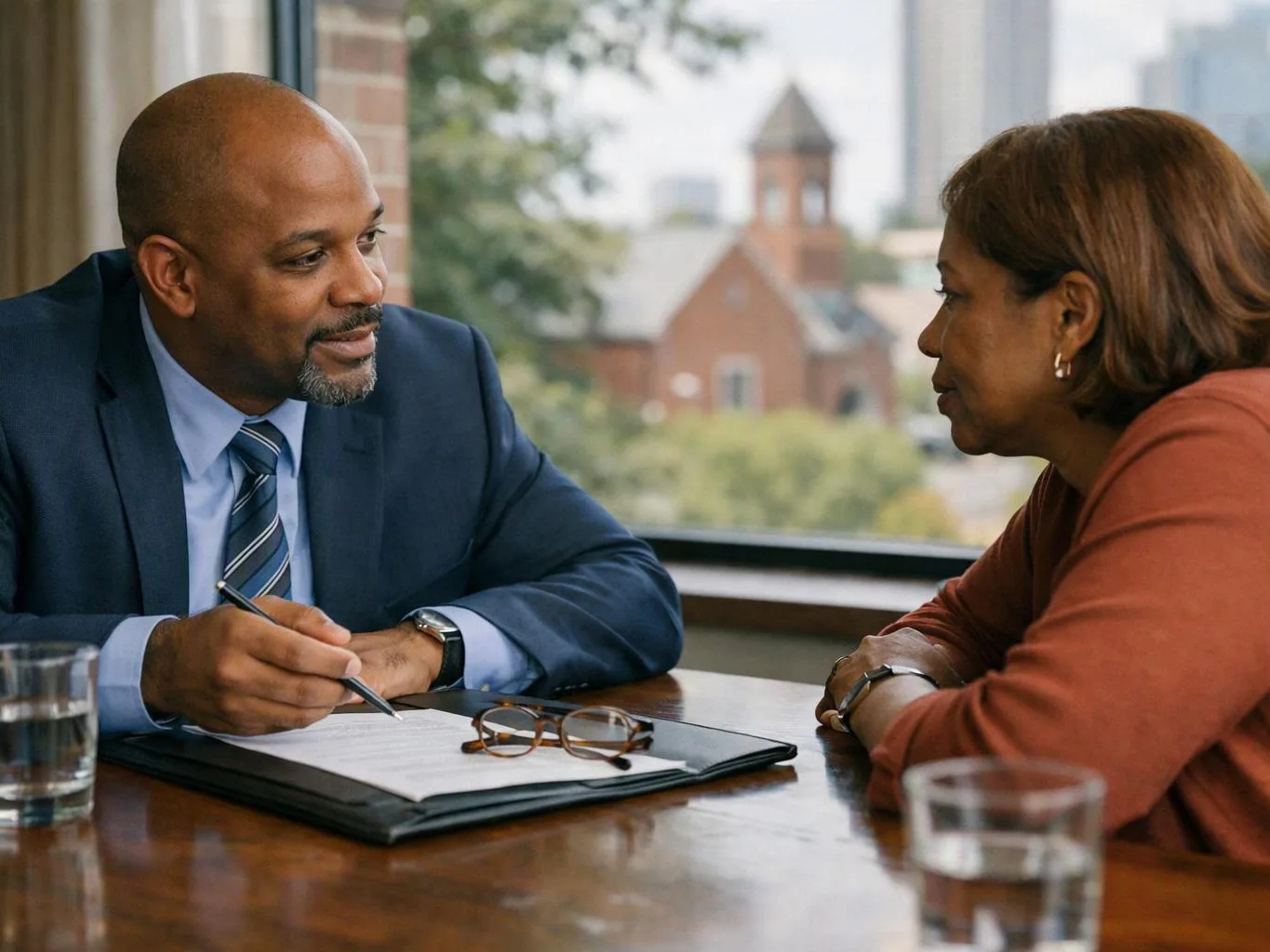 A man in a suit talks with a woman across a table, with papers, glasses, and water glasses in front of them