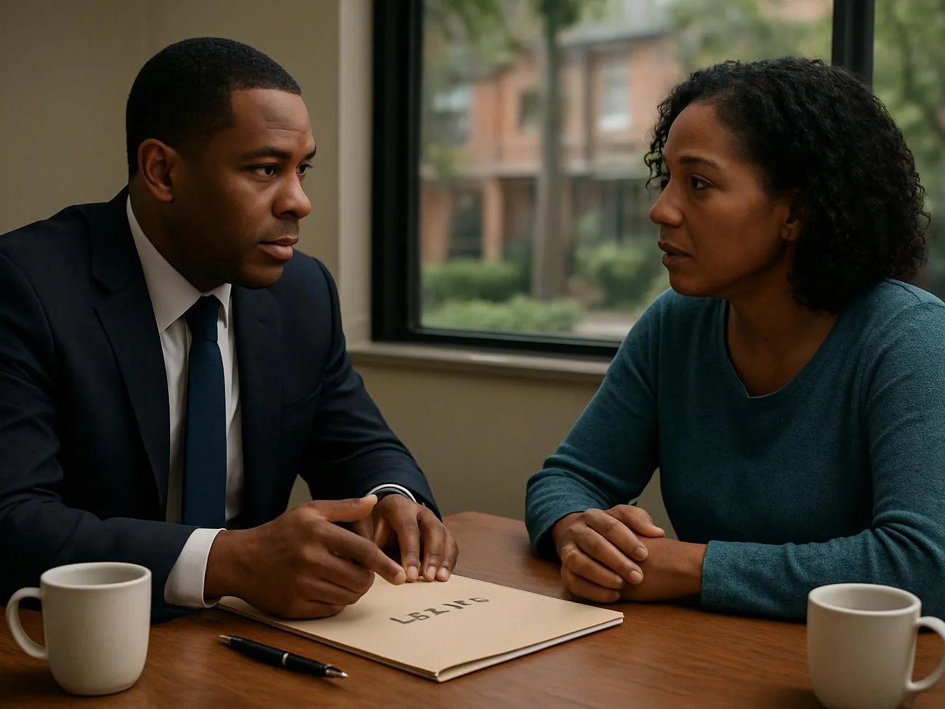A man in a suit and a woman sit across a table, talking beside a notebook and two mugs
