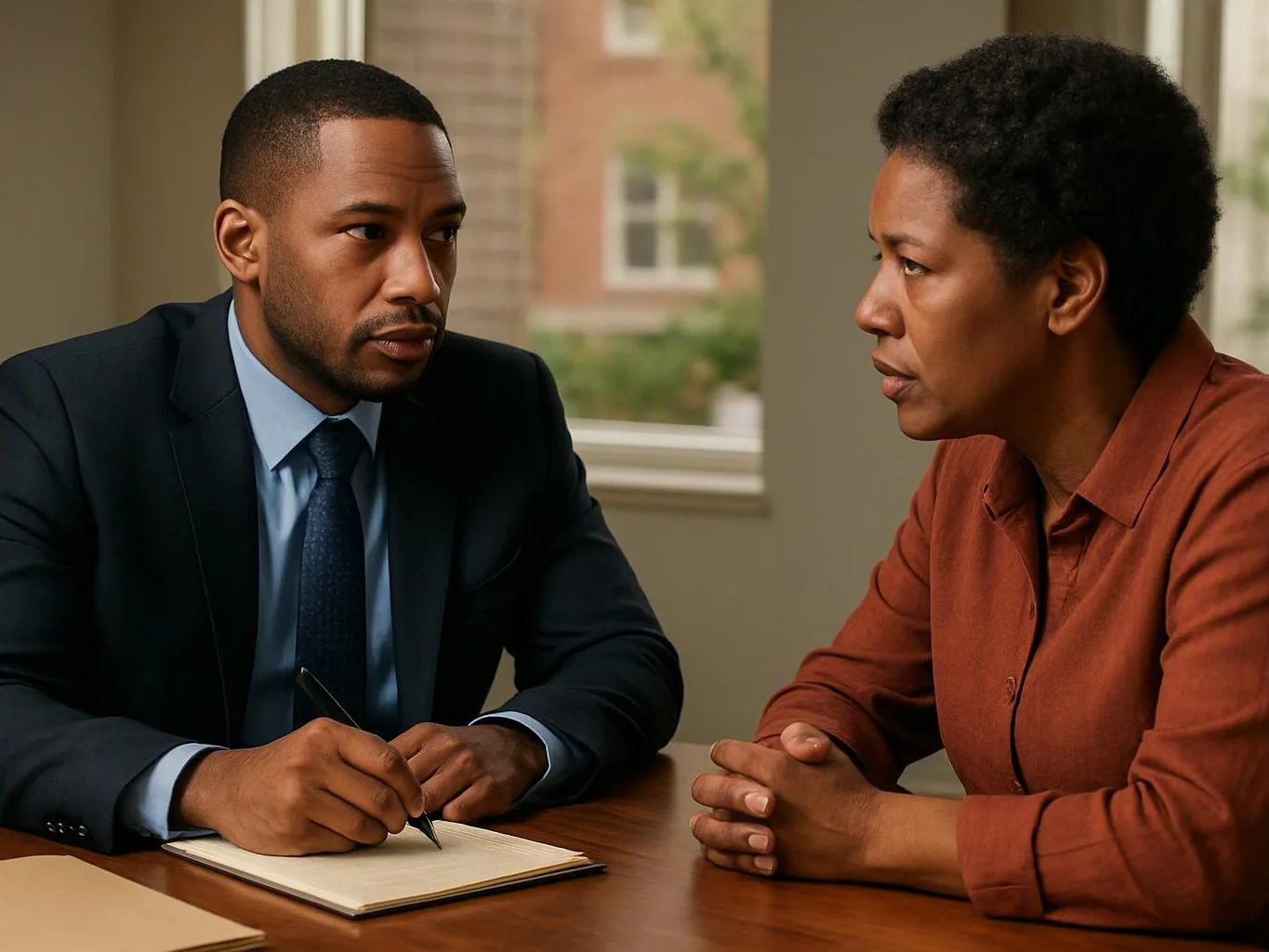 A man in a suit writes in a notebook while talking across a table with a woman in a brown shirt inside a bright room