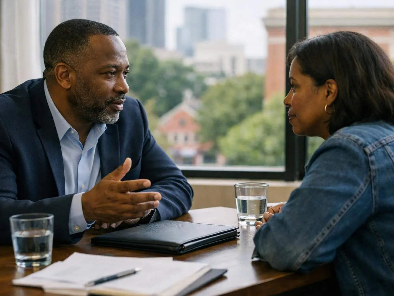 A man and woman talk across a table with notebooks and water glasses in a bright office overlooking trees and buildings