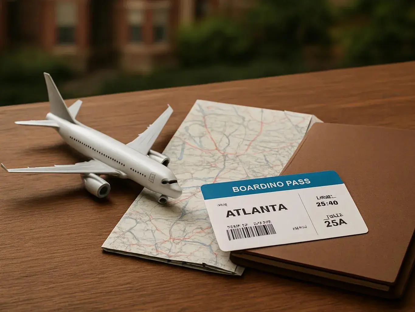 A model airplane sits on a table beside a folded map, a passport, and a boarding pass