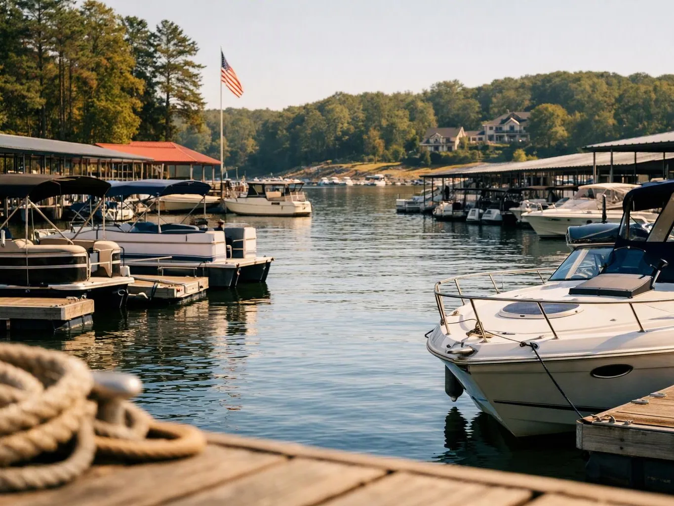 Motorboats sit docked on a calm lake, with trees, houses, and an American flag in the background