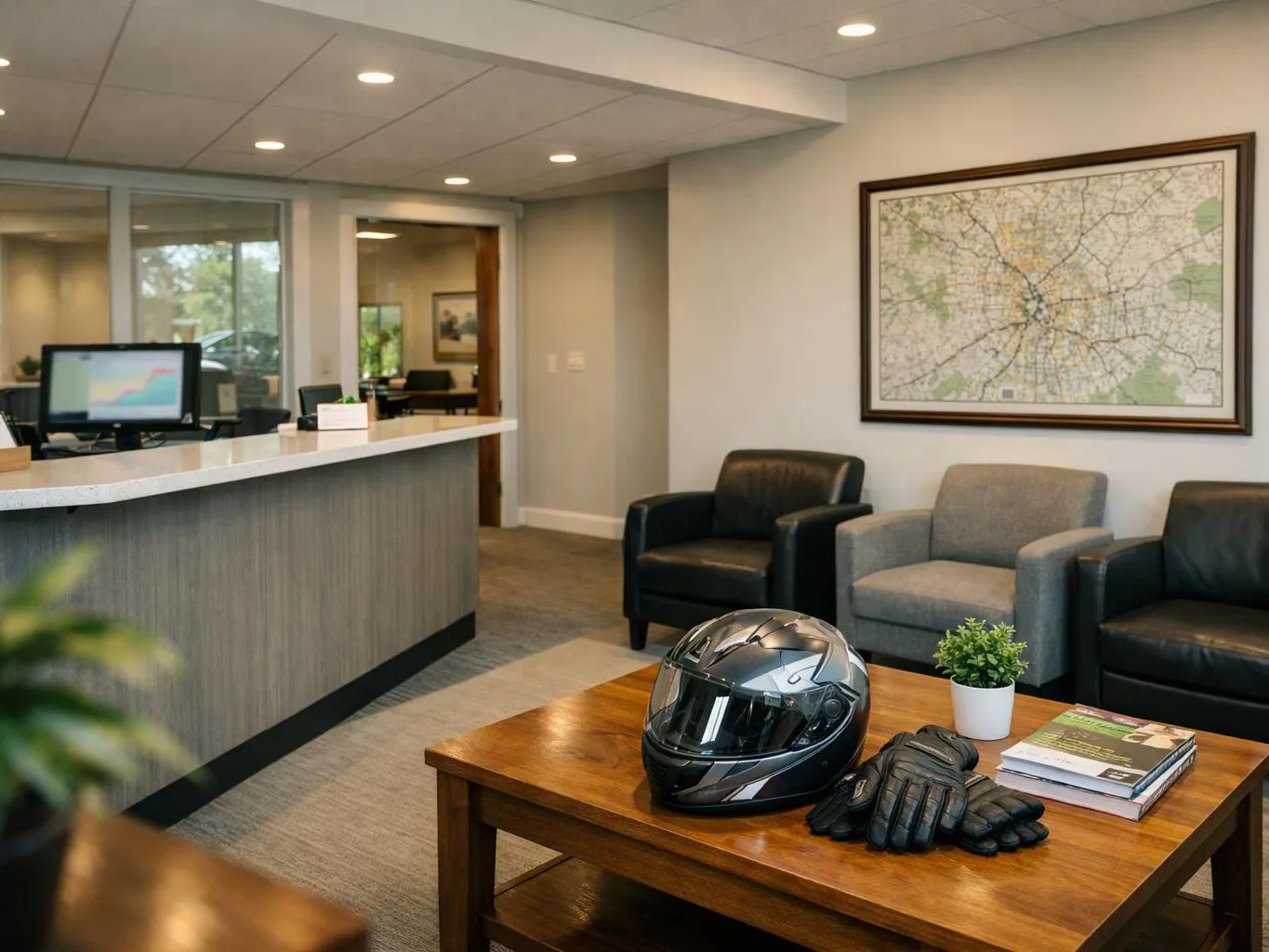 A motorcycle helmet and gloves sit on a wooden coffee table in a tidy waiting room