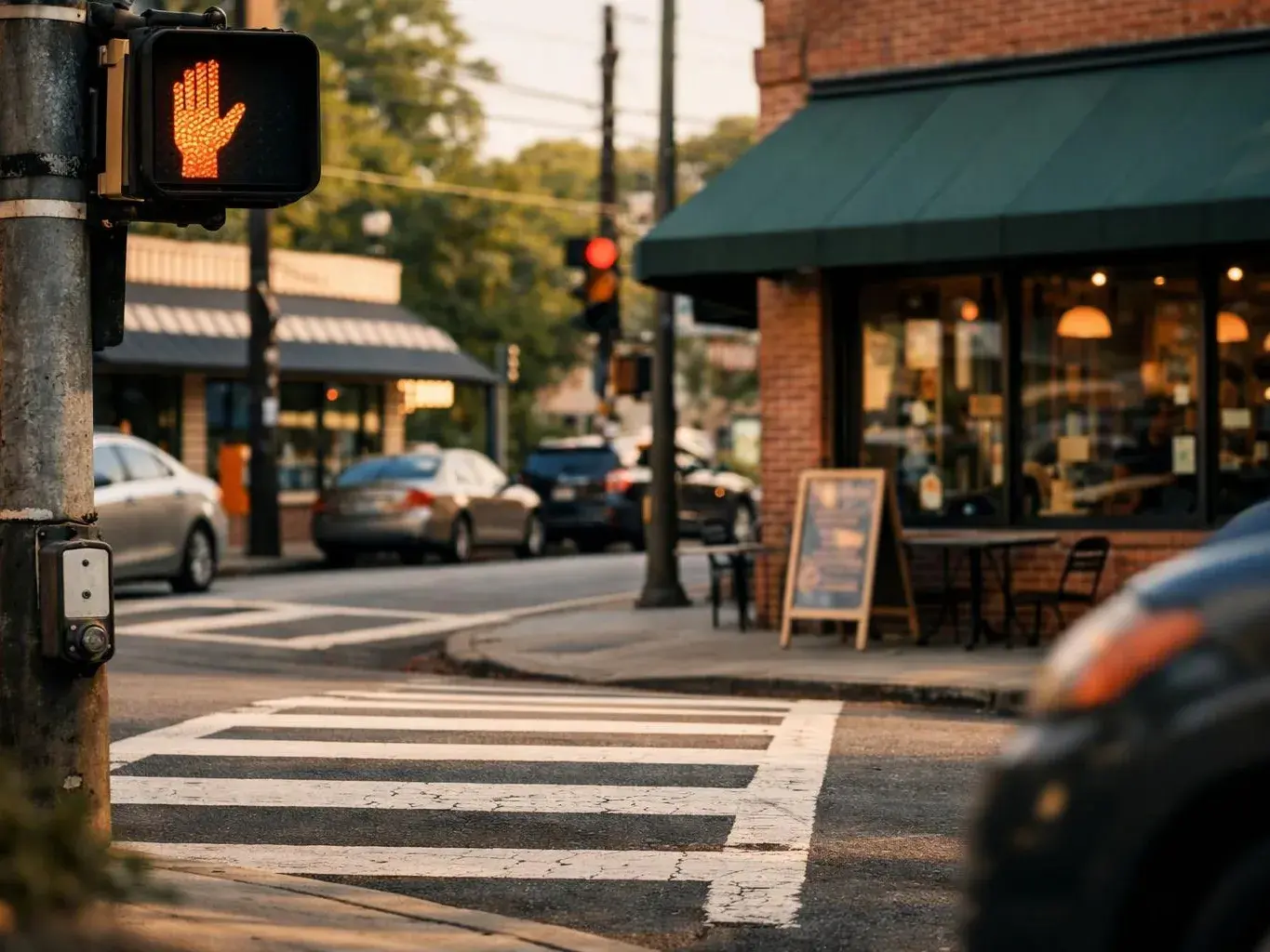 An orange hand signal glows at a street crosswalk beside parked cars and a corner cafe