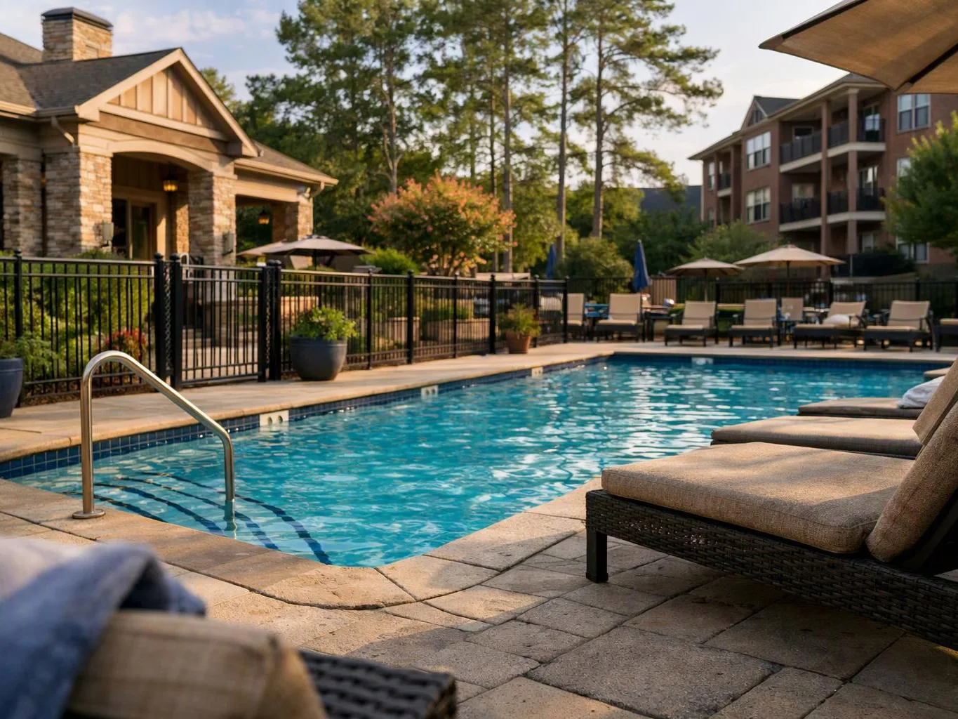 An outdoor apartment pool sits beside lounge chairs, umbrellas, and a clubhouse with trees behind it