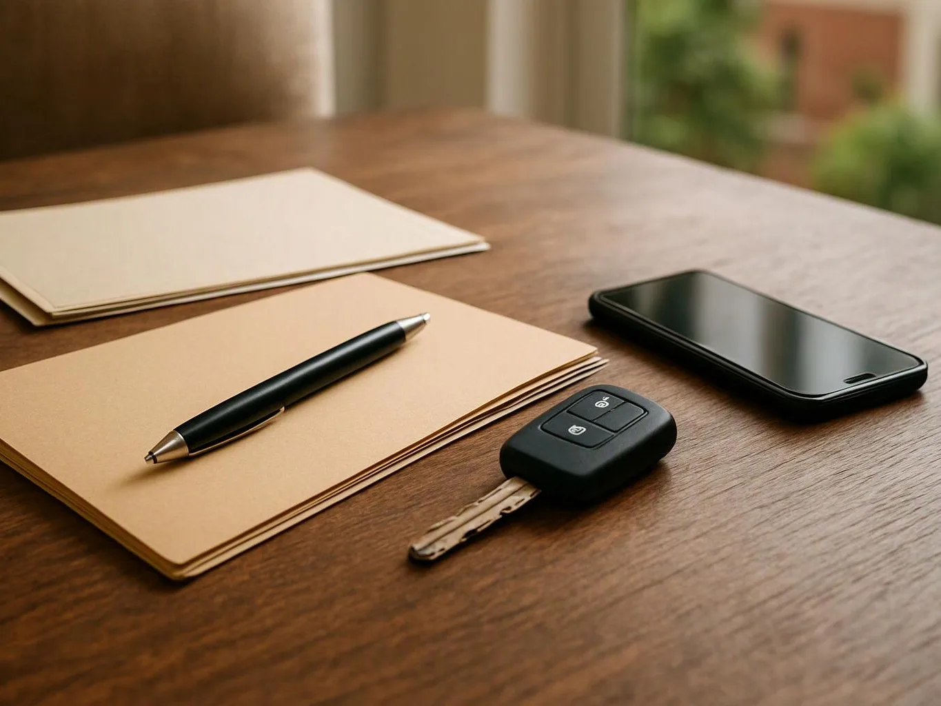 A pen, folders, a car key fob, and a smartphone rest on a wooden table near a window