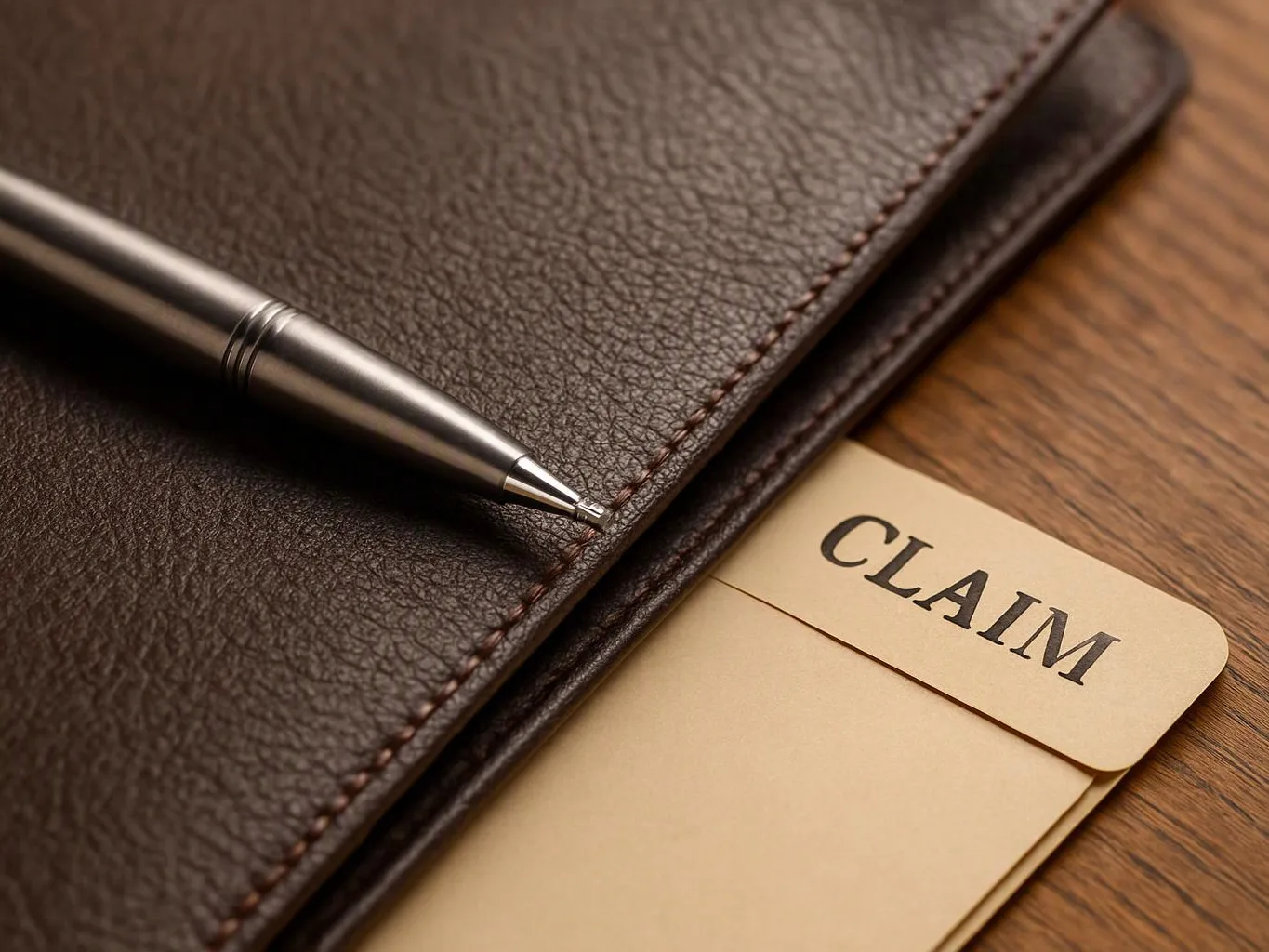 A pen rests on a leather folder beside a beige card labeled “CLAIM”