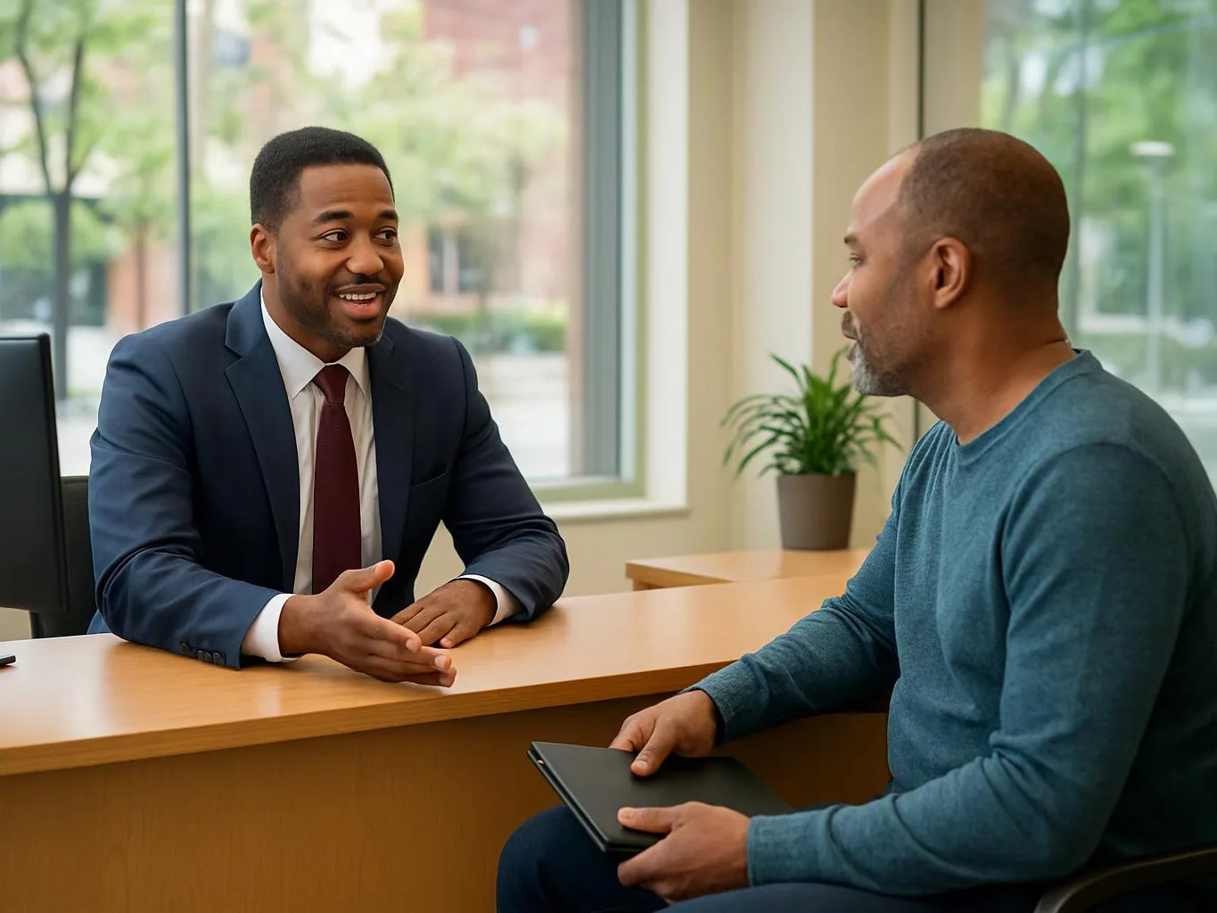 Two men talk across a desk in a bright office, one in a suit gesturing while the other holds a tablet