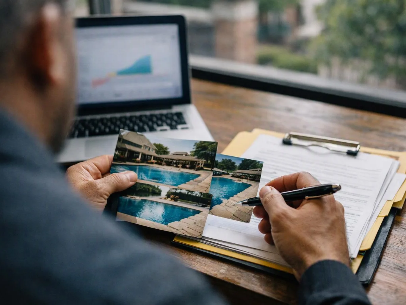 A person compares pool photos, marks papers with a pen, and works at a laptop on a wooden desk