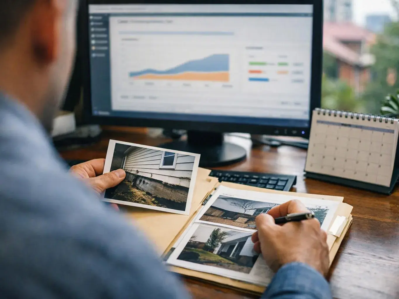 A person compares printed house photos while writing notes beside a computer dashboard and desk calendar