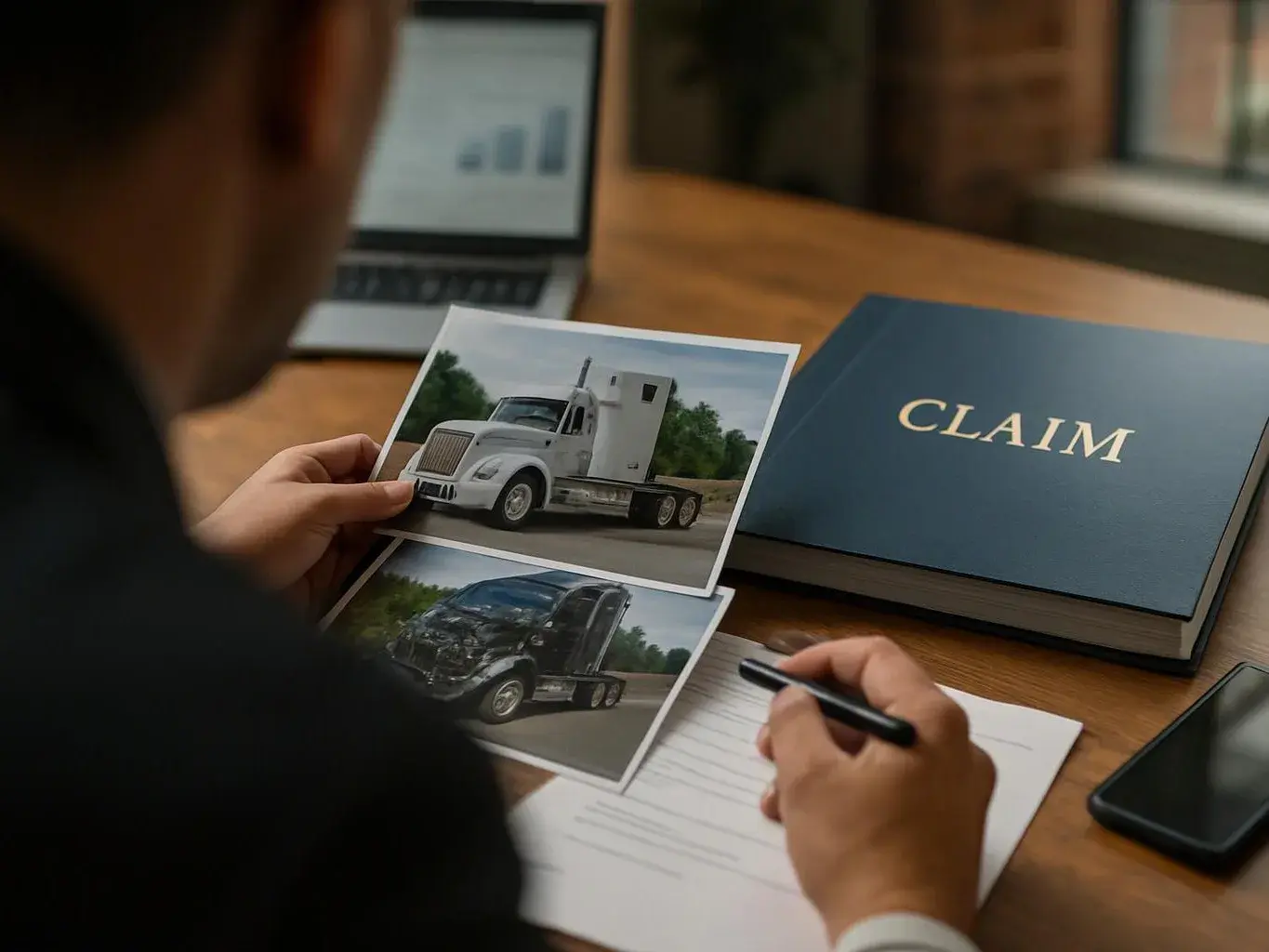 A person compares truck photos and writes on a claim form at a wooden desk