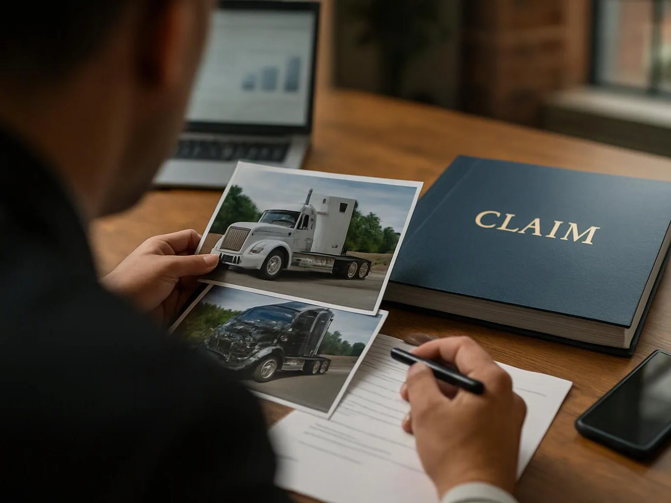 A person compares two truck photos while filling out paperwork beside a blue book labeled “CLAIM”