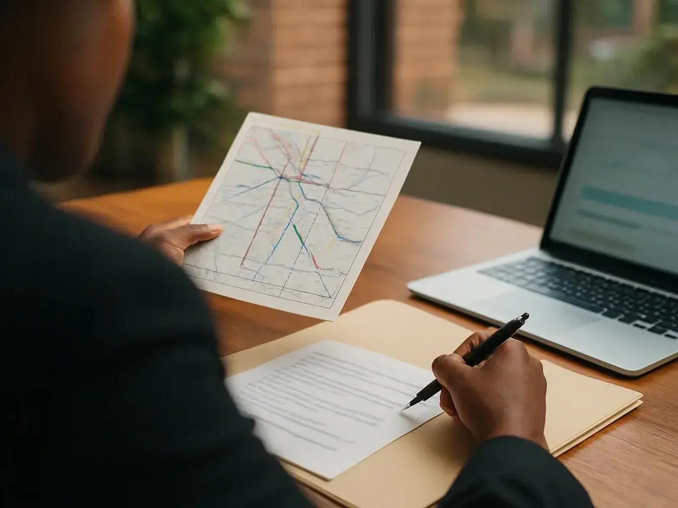 A person at a desk holds a marked paper map and writes notes beside a laptop