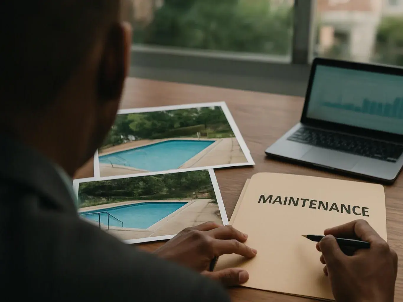 A person at a desk reviews pool photos and writes on a folder labeled "MAINTENANCE" beside a laptop