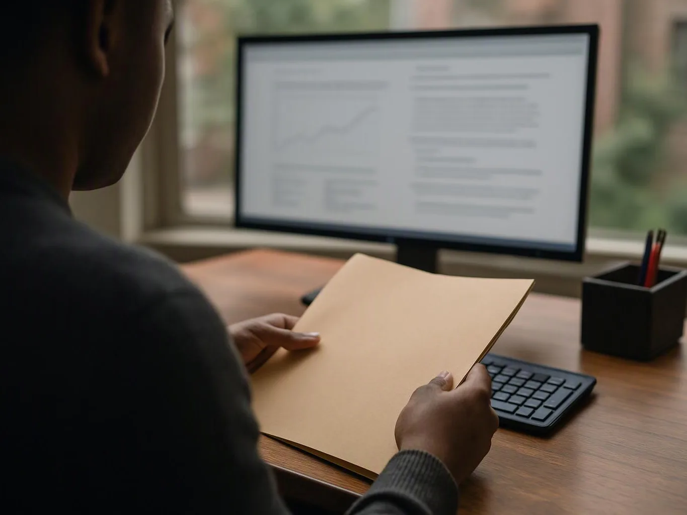 A person holds a manila folder at a desk with a monitor, keyboard, and pen holder nearby