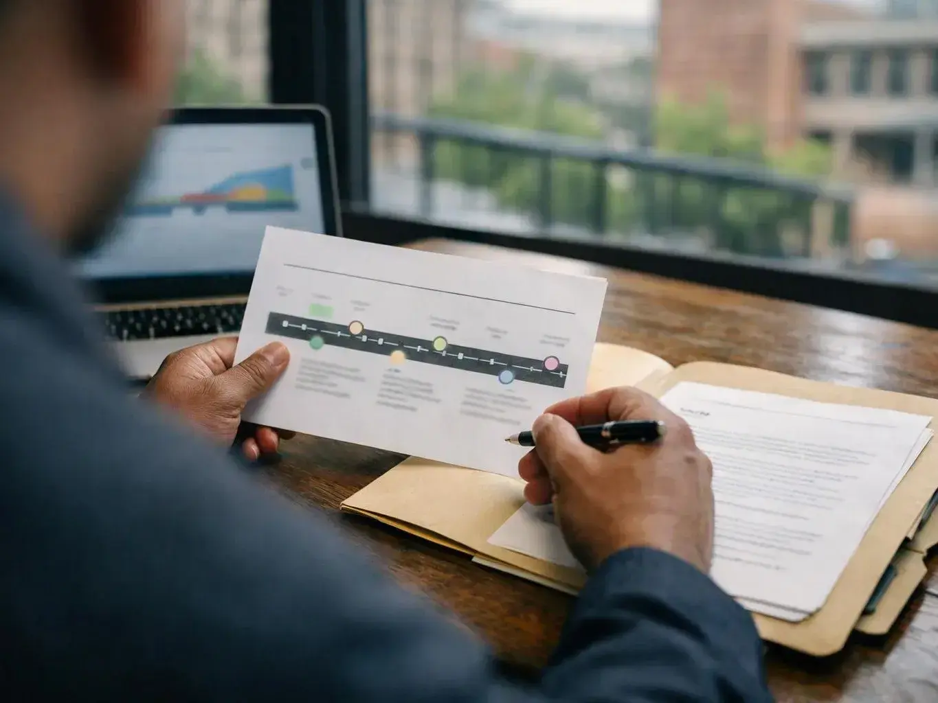 A person holds a printed chart and pen at a desk with a laptop and papers by a window
