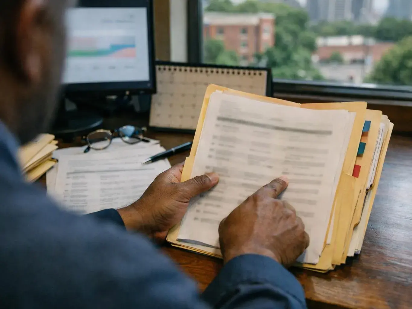 A person reviews blurred paperwork in a manila folder at a desk with a computer and window behind them
