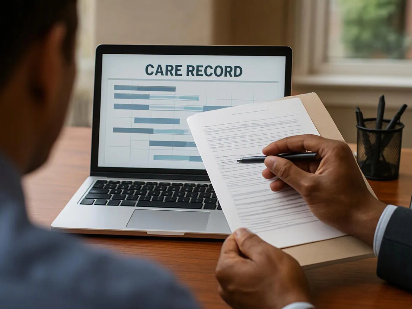 A person reviews a paper form beside a laptop showing a care record screen on a desk