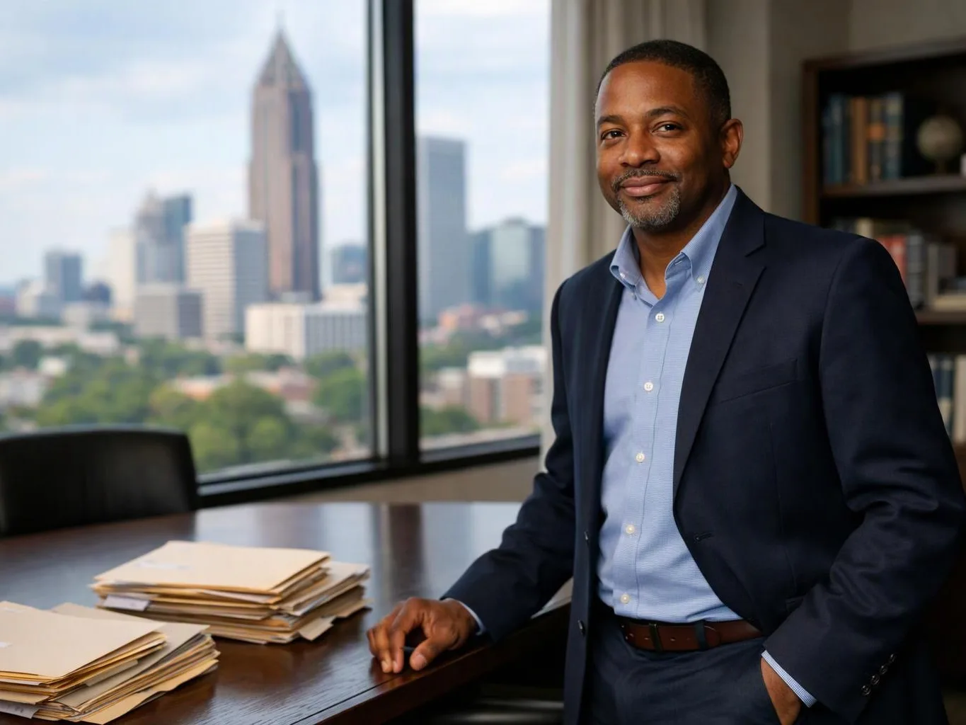 A man in a navy suit stands by a desk with stacks of folders in a bright office, city skyline behind him