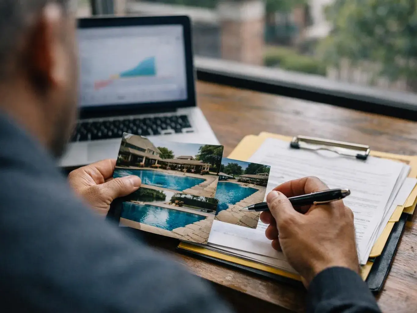 A person reviews pool photos and fills out paperwork beside a laptop on a wooden desk