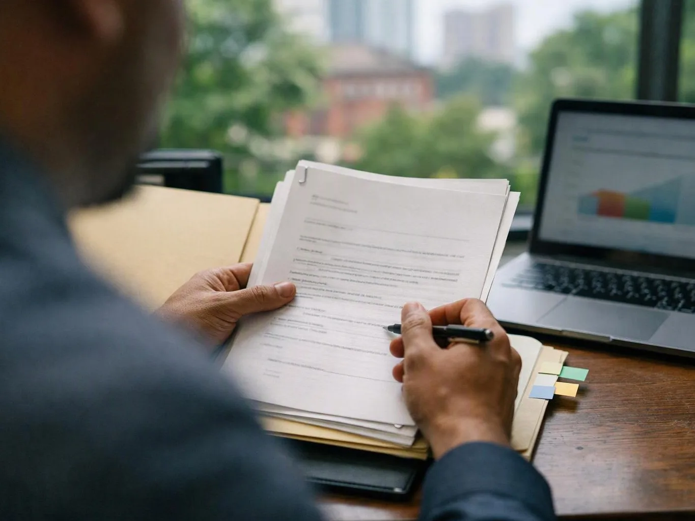 A person reviews printed papers with a pen beside a laptop on a desk by a window