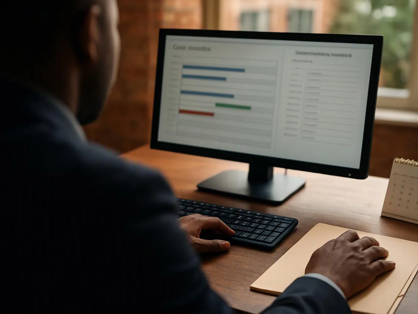 A person sits at a desk using a computer with bar charts on the screen