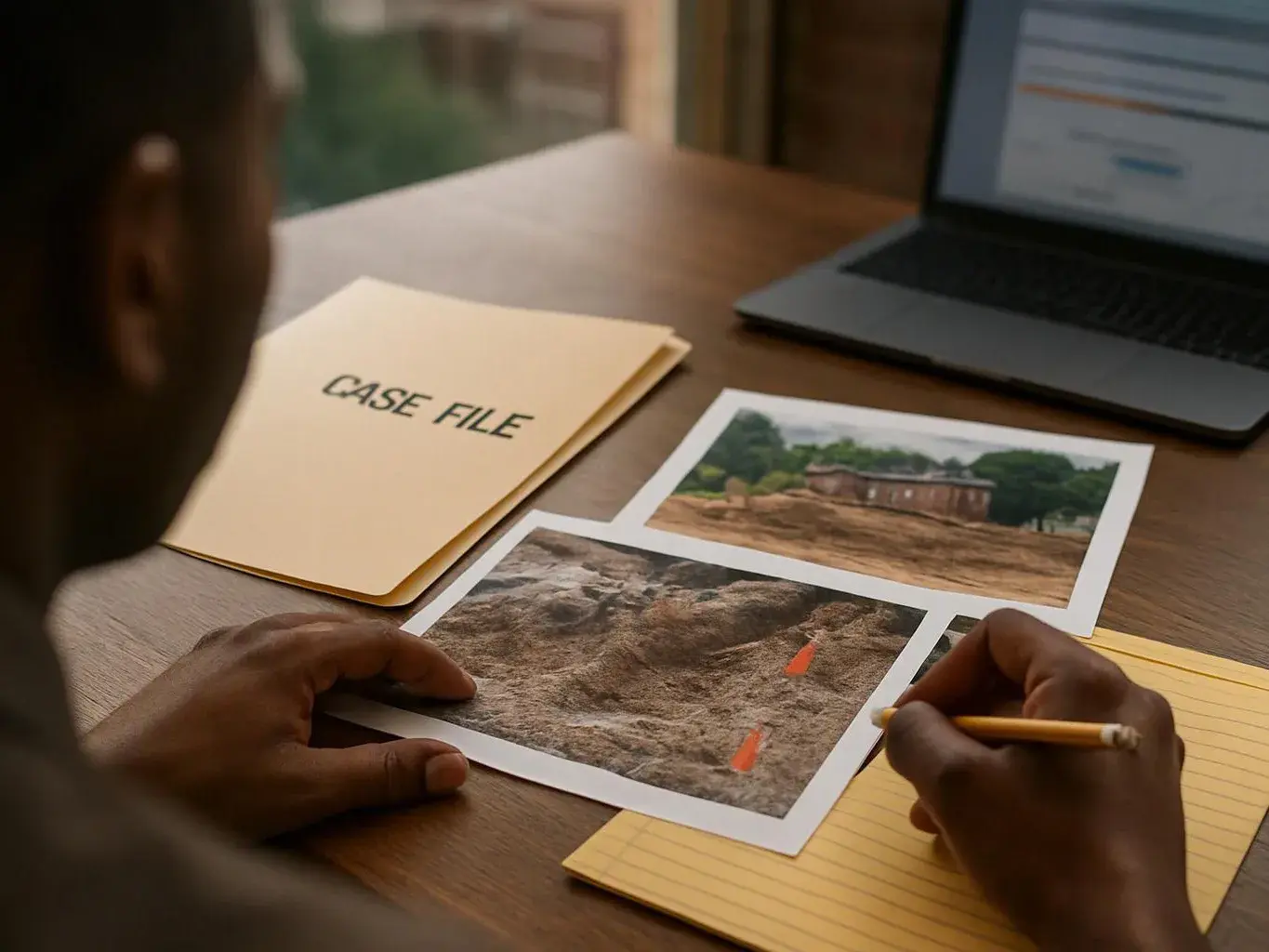 A person studies printed site photos and a case file beside a laptop on a wooden desk