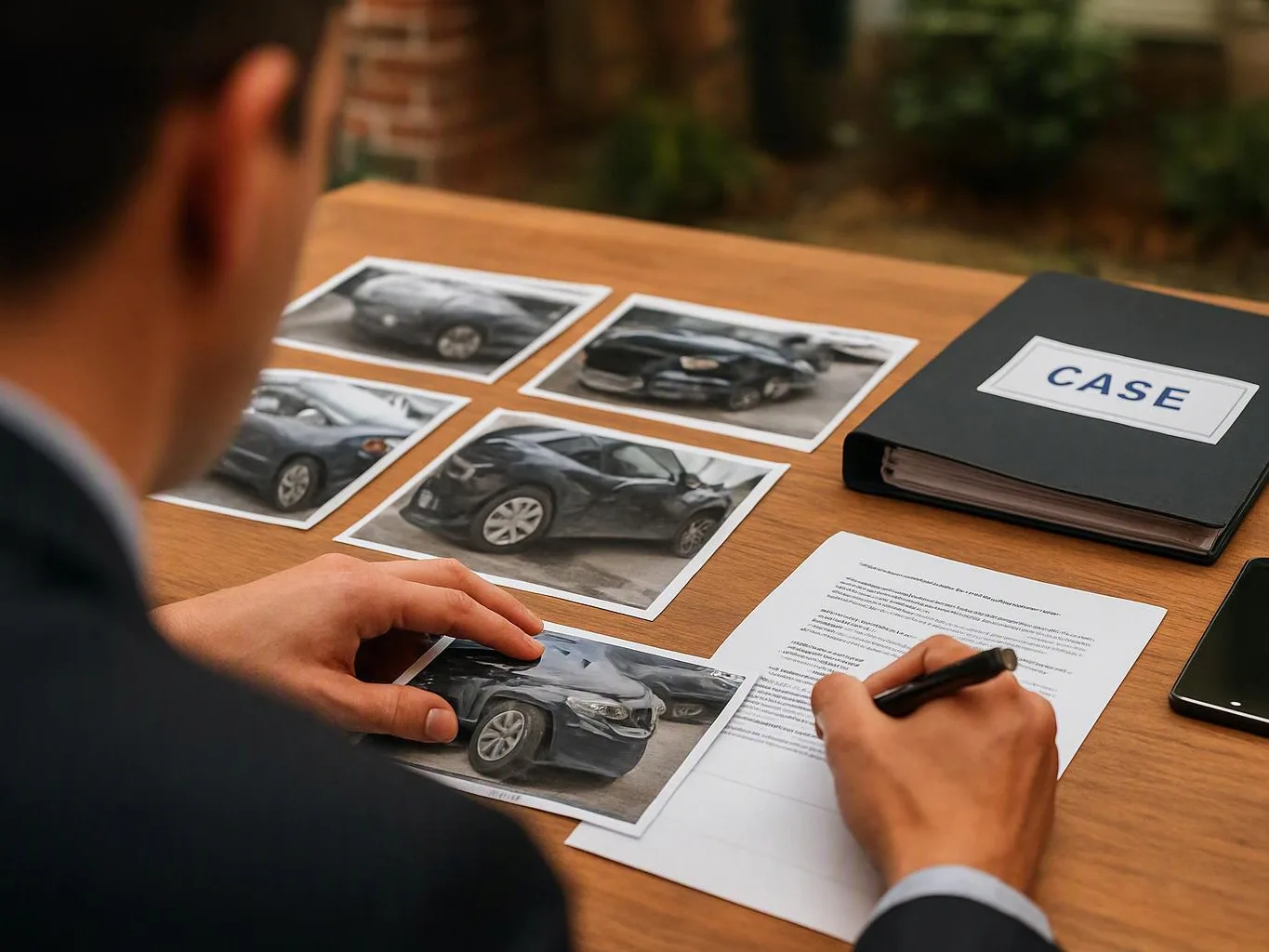 A person in a suit examines car photos and writes notes on a document beside a case folder on a wooden table