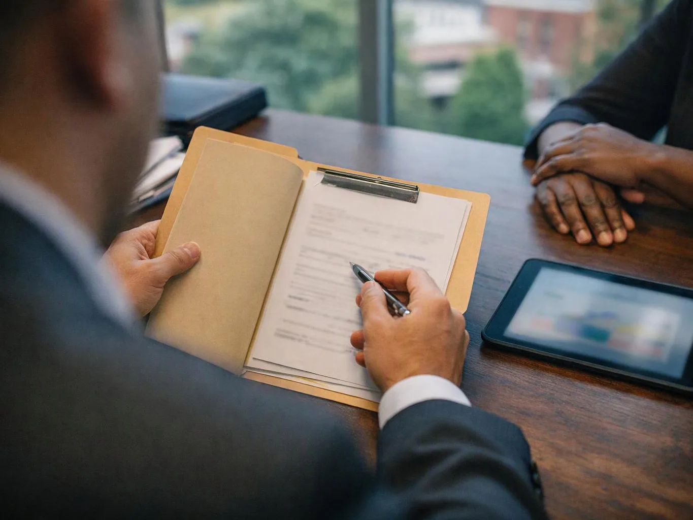 A person in a suit fills out a clipboard form across a desk from another person with folded hands