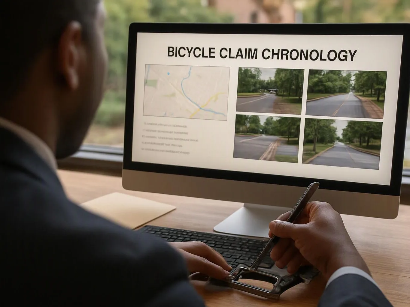 A person in a suit holds a pen beside a desktop monitor showing a bicycle claim chronology and road photos