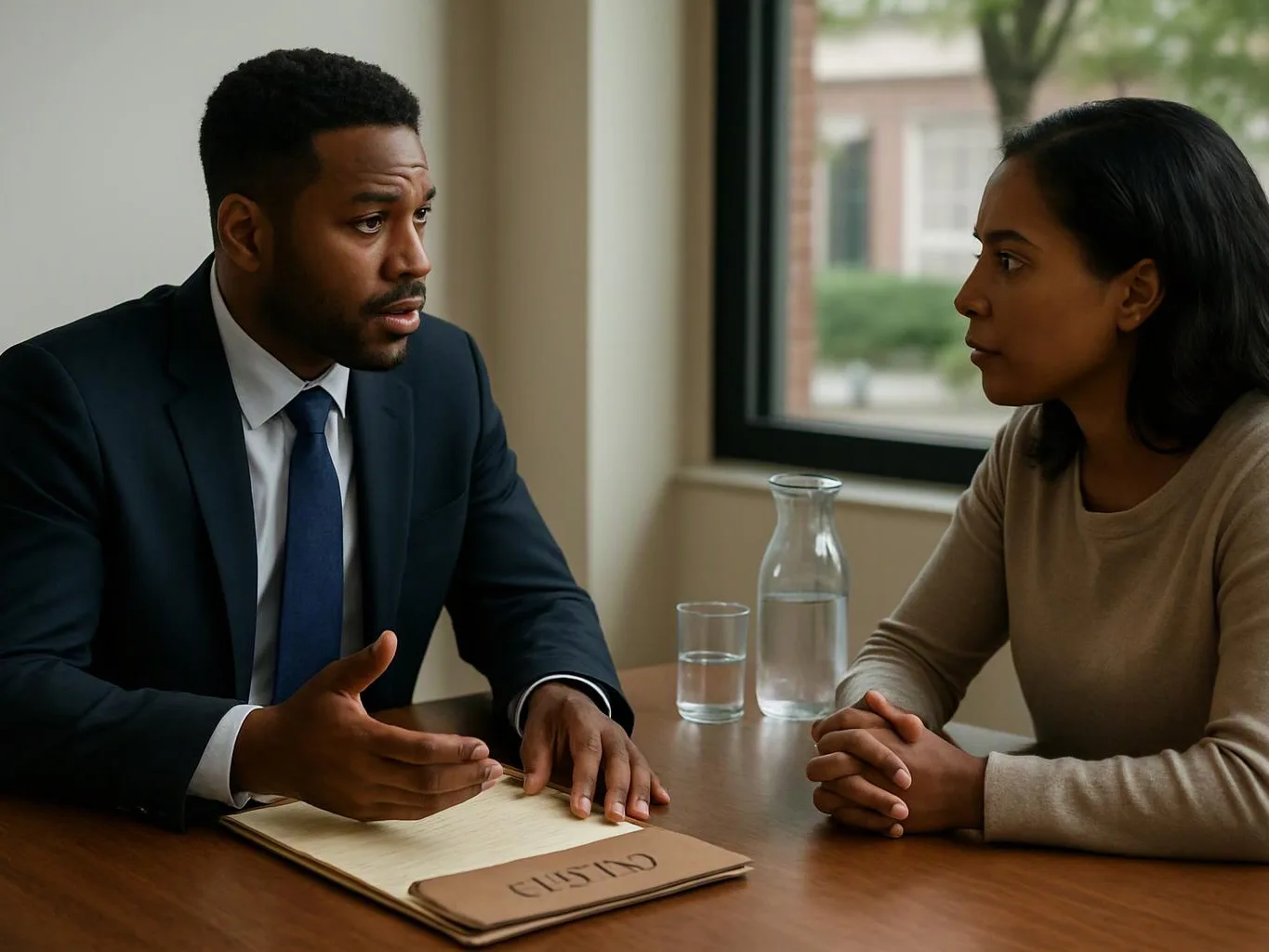 A man in a suit speaks across a table to a woman, with a folder and water glasses between them
