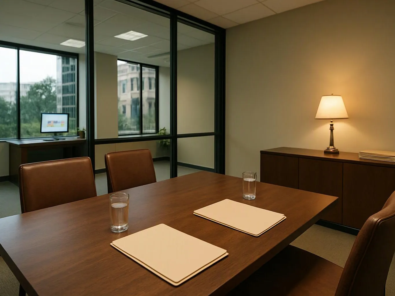 A quiet conference room has a wooden table, two chairs, notebooks, water glasses, and a lit lamp