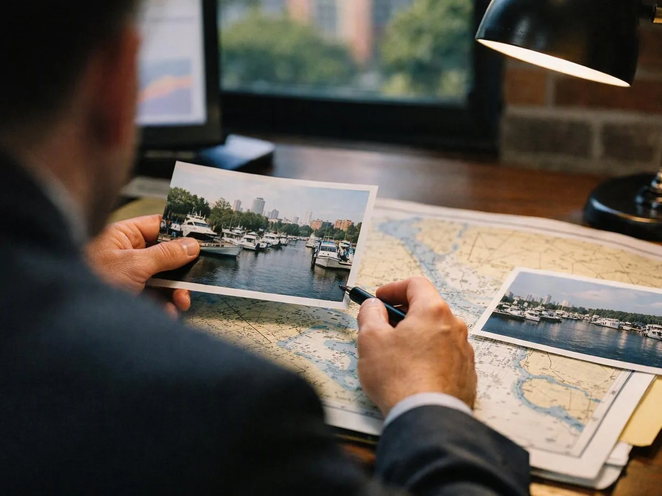 A person in a suit studies printed harbor photos and a nautical map under a desk lamp