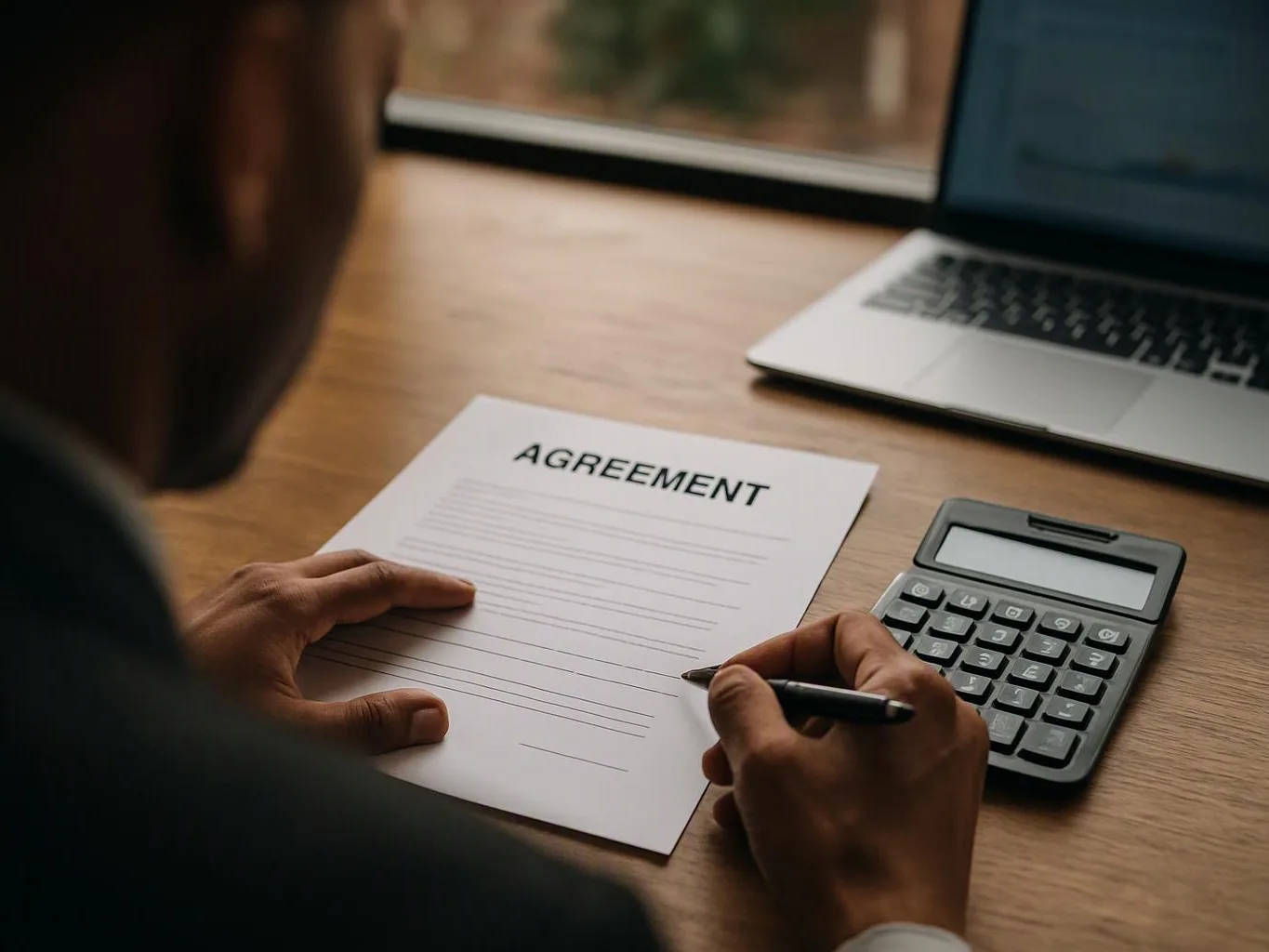 A person writes on an agreement form beside a calculator and laptop on a wooden desk