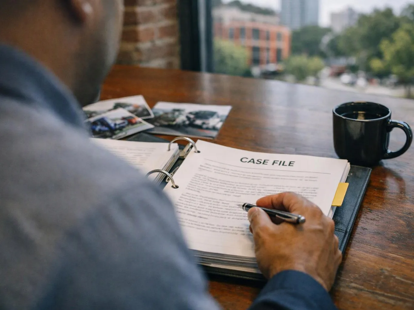 A person writes in a binder labeled "CASE FILE" beside printed photos and a black coffee mug by a window