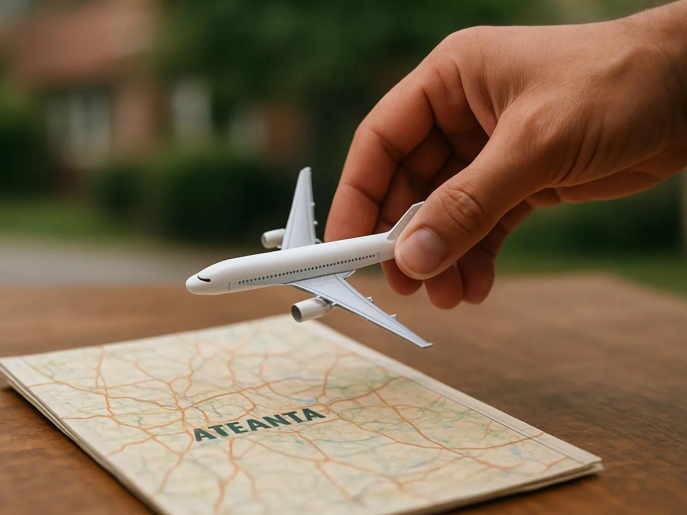 A hand holds a toy airplane above a folded map on a wooden table