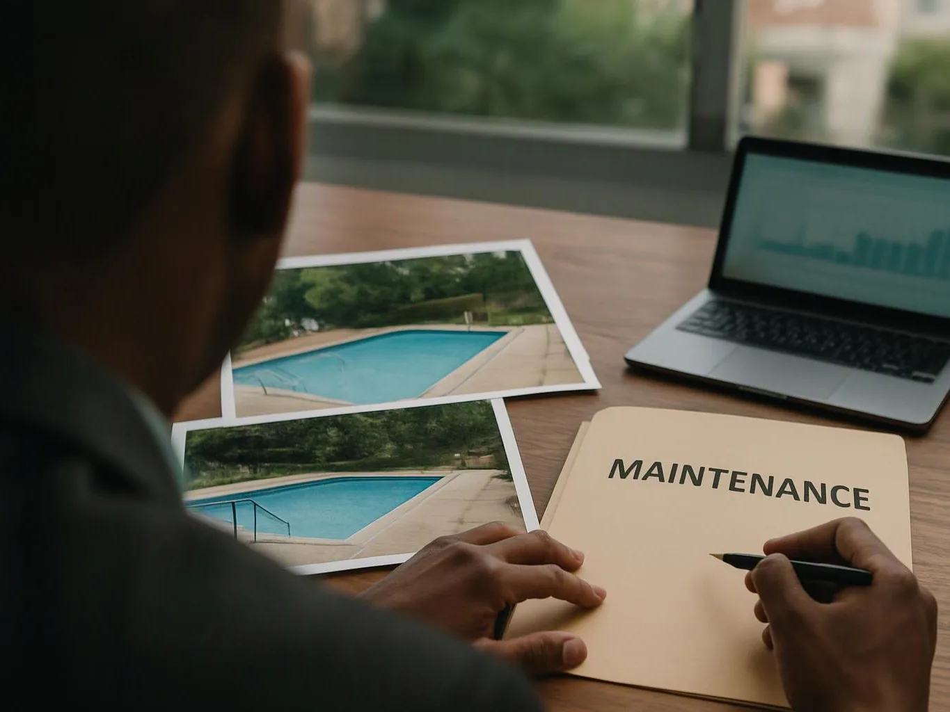 A person writes on a folder labeled “MAINTENANCE” beside pool photos and an open laptop on a desk
