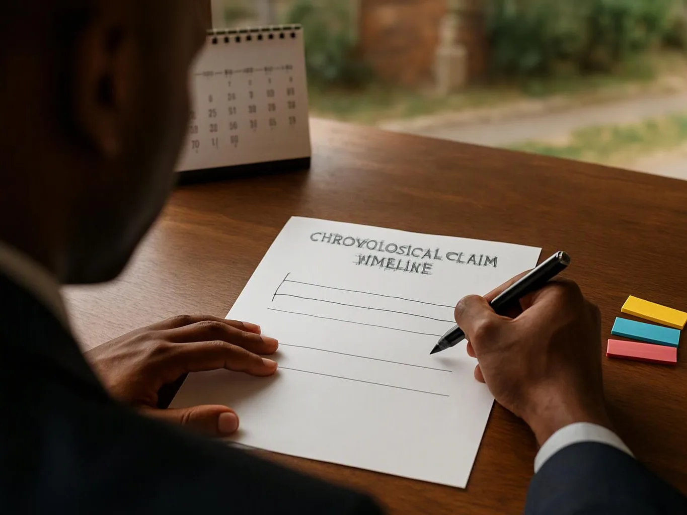 A person writes on a paper titled "CHRONOLOGICAL CLAIM TIMELINE" at a wooden desk with a calendar nearby