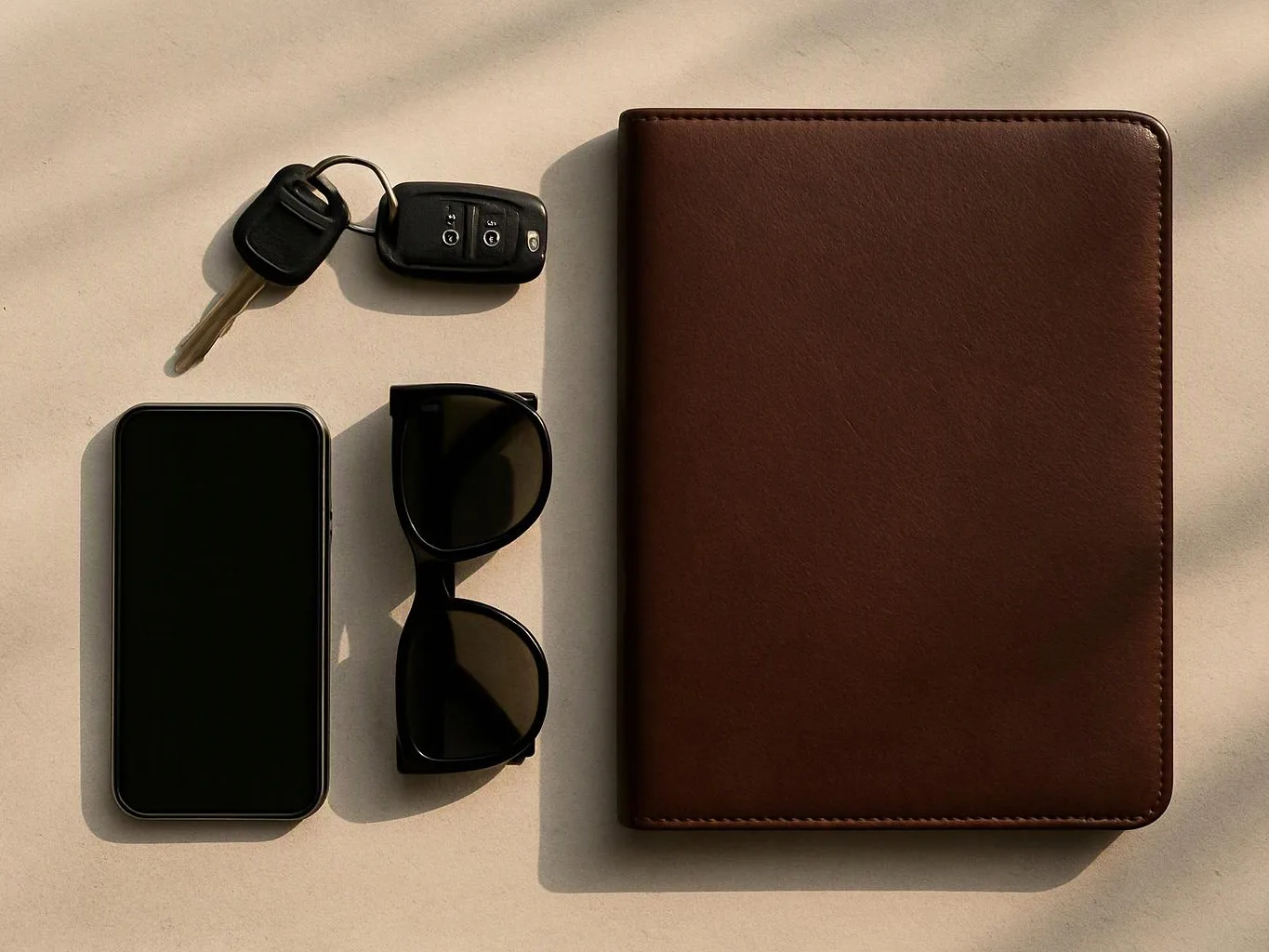 A phone, sunglasses, car keys, and a brown leather notebook rest on a sunlit surface