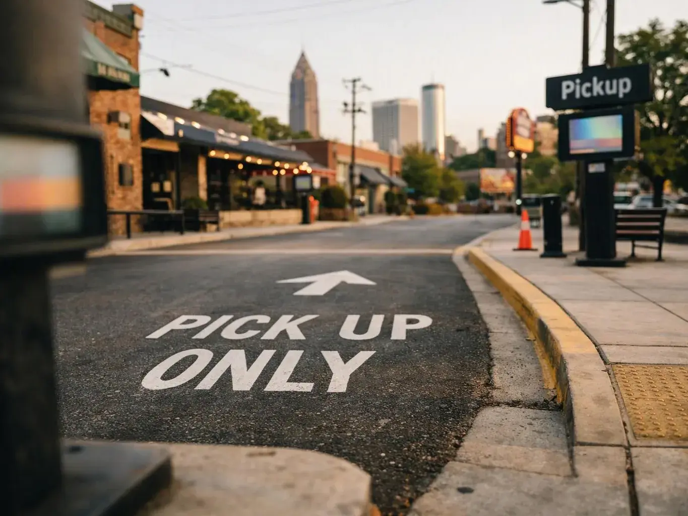 A pickup-only lane runs past a curbside loading area with a city skyline in the background