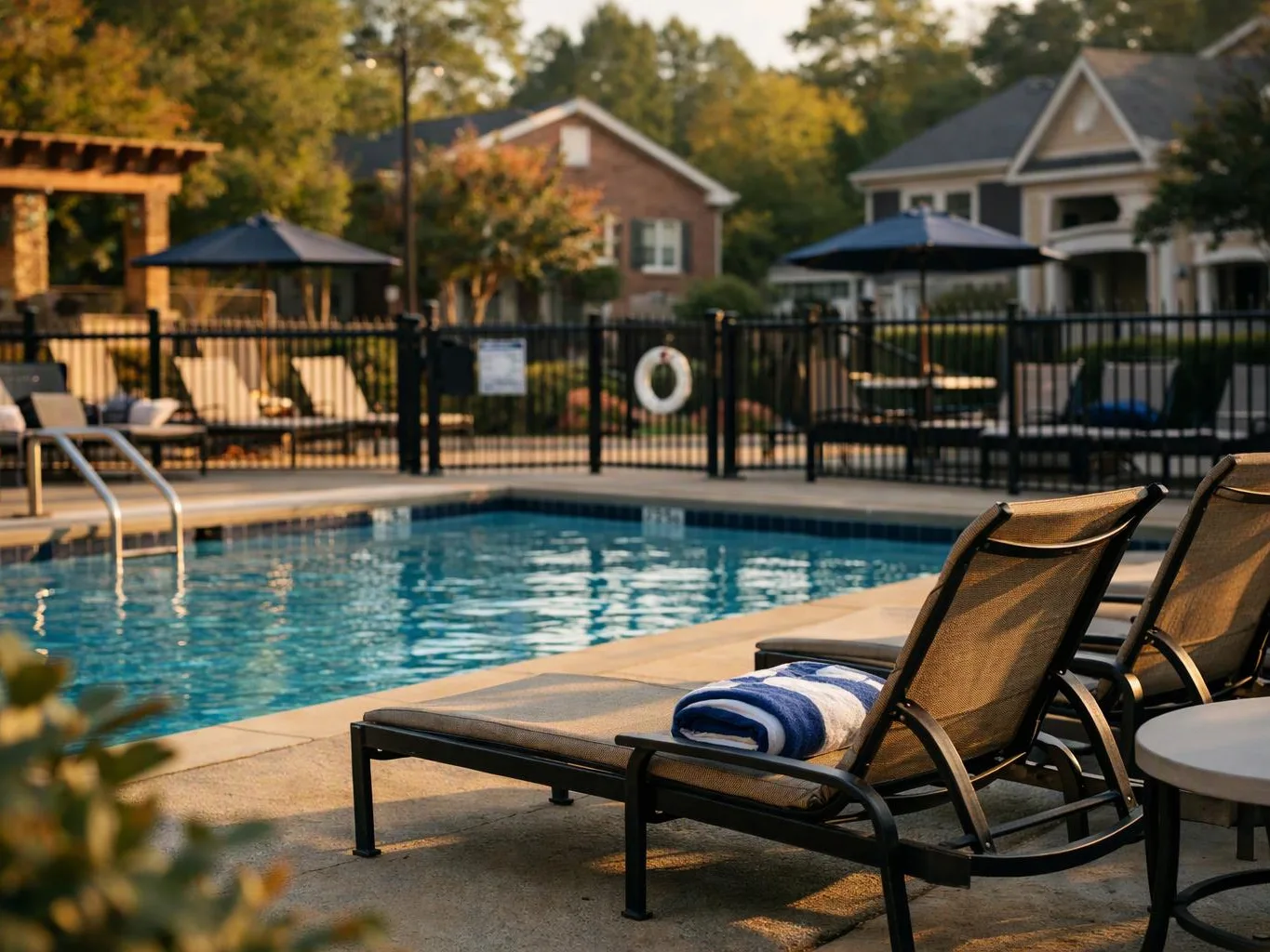 Poolside lounge chairs sit beside blue water with a folded towel, fenced houses behind them