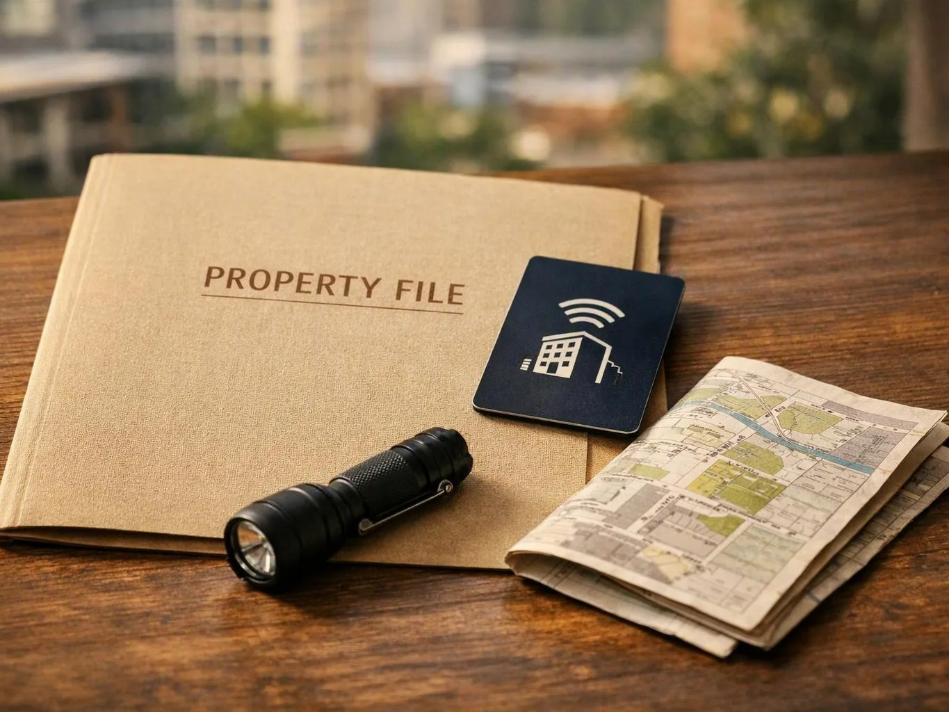 A property file, flashlight, map, and building icon card rest on a wooden table near a blurred window view