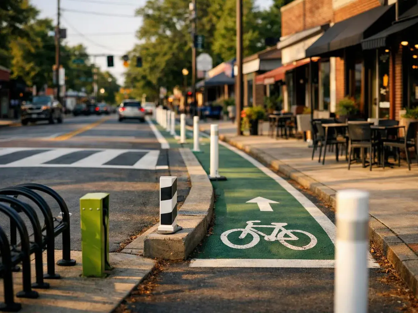 A protected bike lane runs beside storefronts, with a painted bicycle symbol, arrow, and crosswalk visible