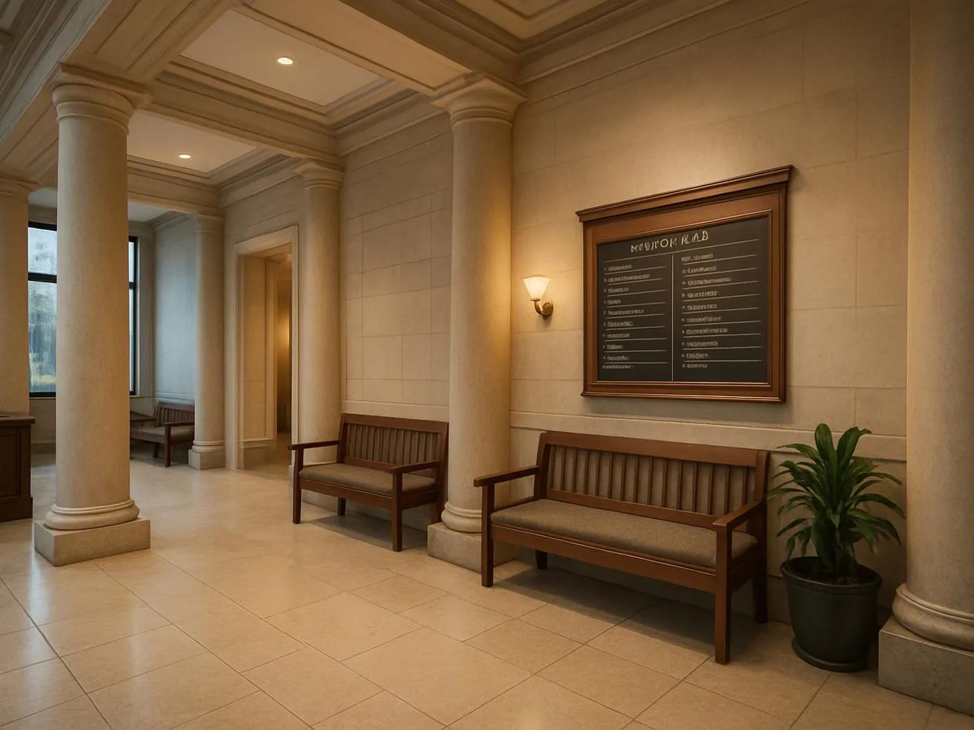 A quiet lobby hallway with columns, wooden benches, a wall directory, and a potted plant
